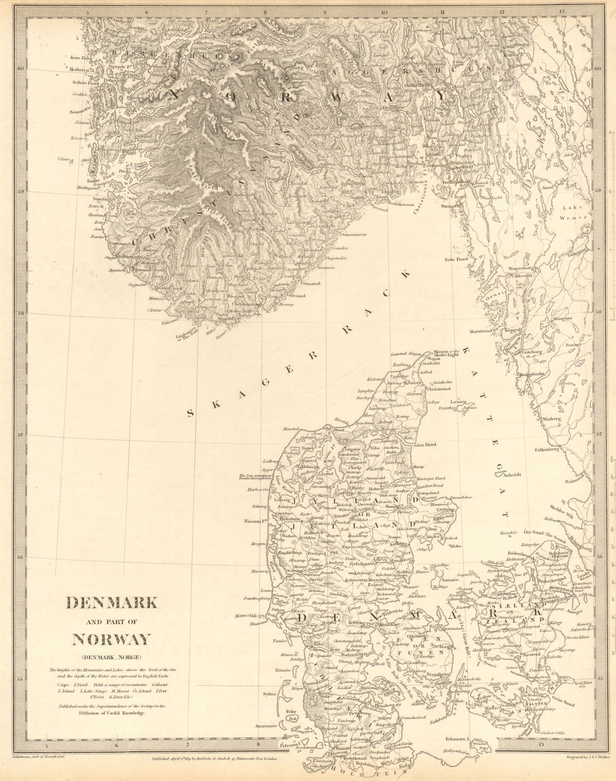 SCANDINAVIA. Denmark and Southern Norway (Norge) . SDUK 1848 old antique map